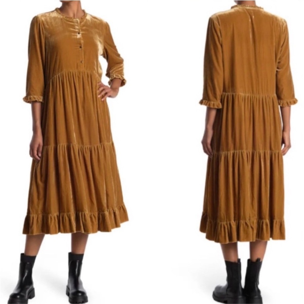 Scotch & Soda Ruffled Velvet Starwatcher Midi Dress size XS Mustard Yellow Gold